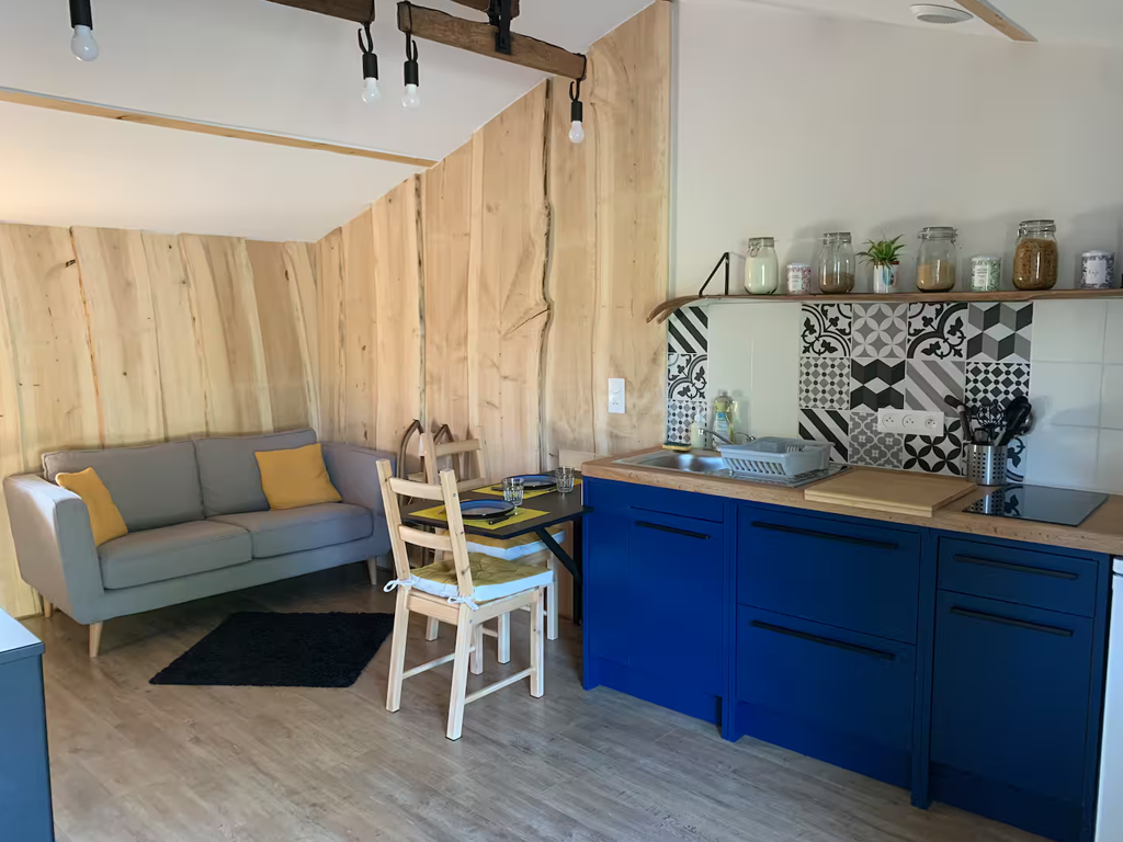 vue sur une cuisine, coin repas et canapé salon