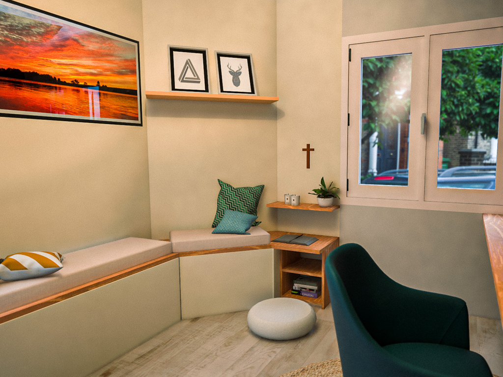 rendu 3d d'un espace détente avec banquette dans un bureau à Saint Philbert de Grand Lieu