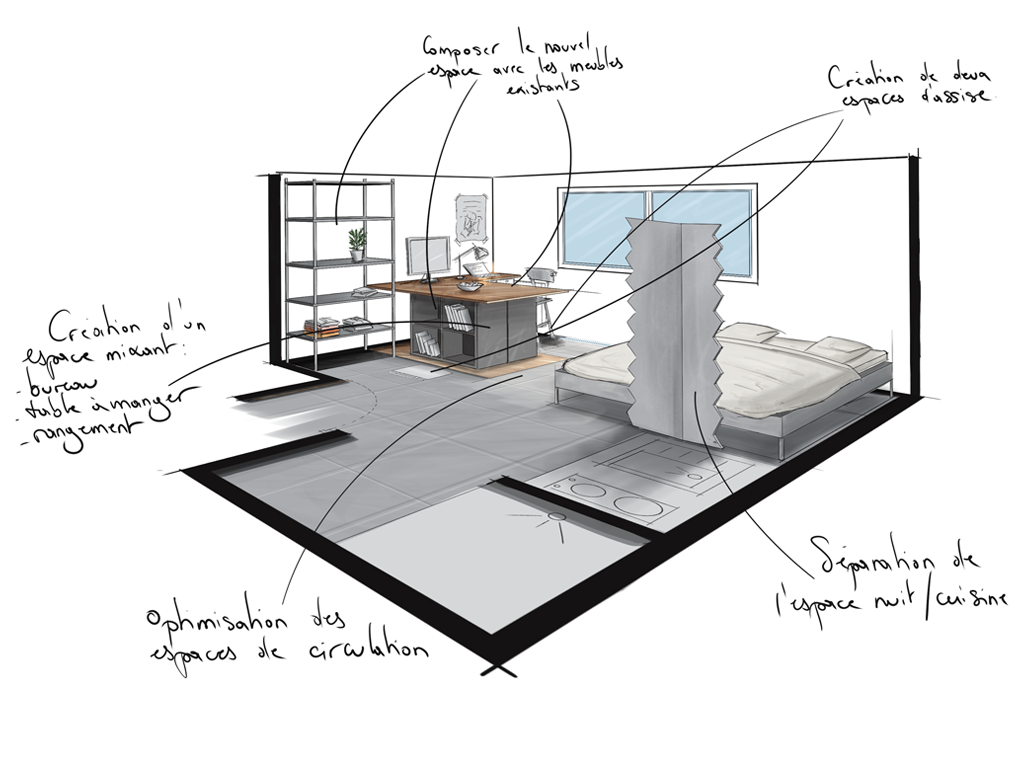 dessin esquisse d'un projet d'un appartement étudiant