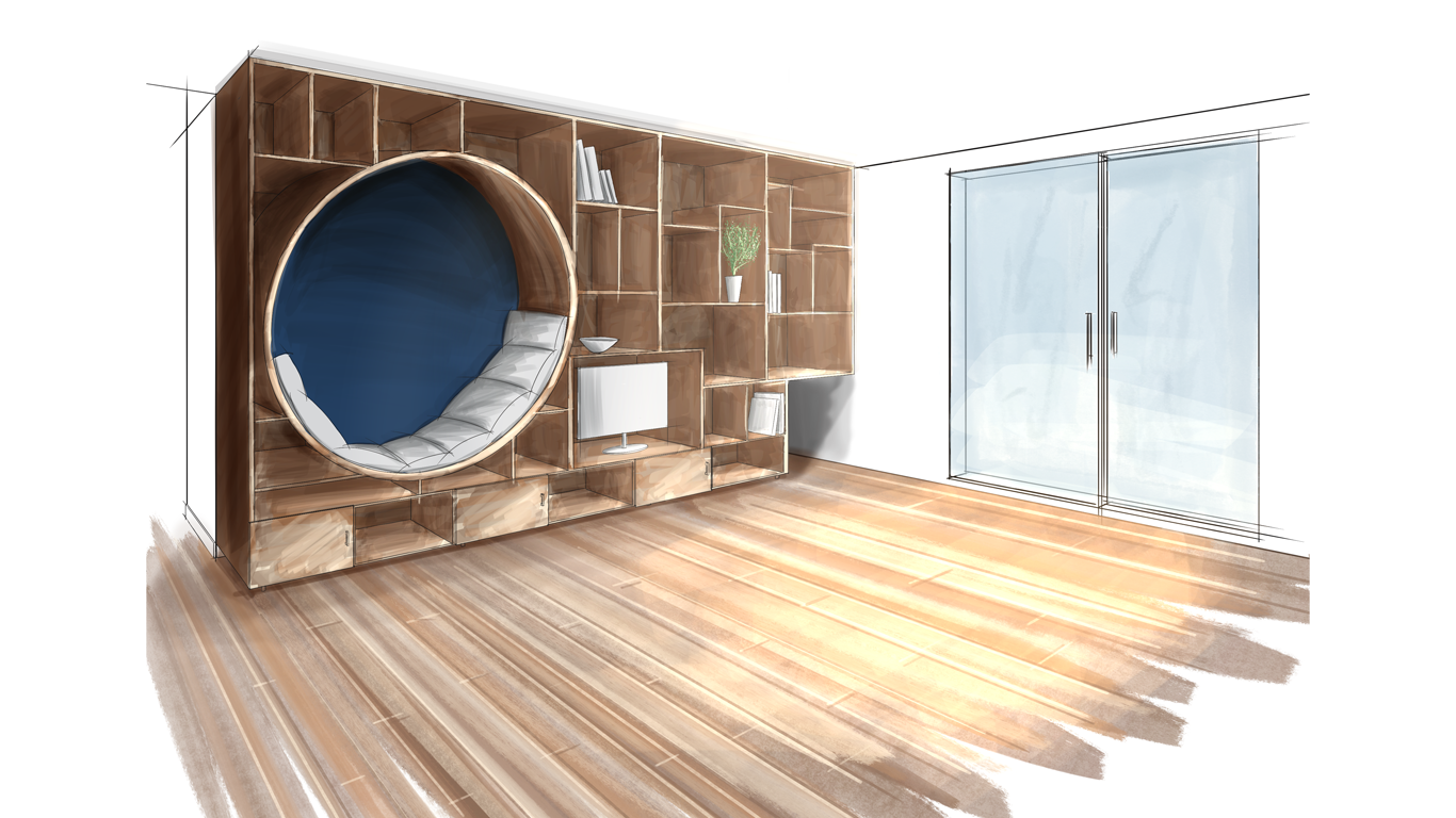 dessin à la main d'une bibliothèque en bois avec une zone circulaire pour s'allonger