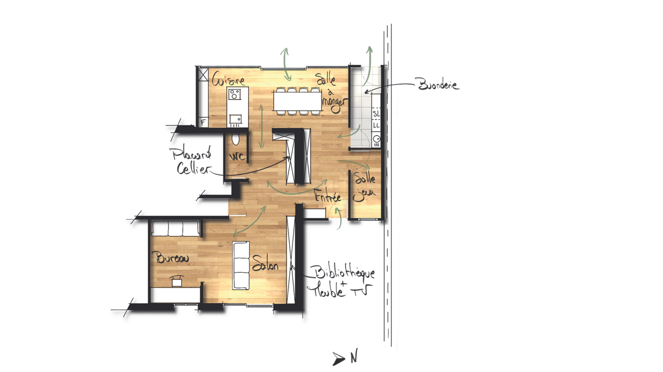 plan 2D colorisé à la main d'un projet d'extension de maison