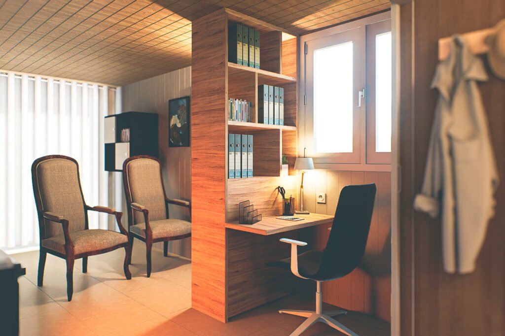 rendu 3D d'un espace combinant bureau et coin télé avec un meuble étagère séparateur à vertou