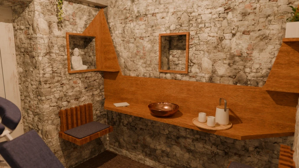 Rendu 3D d'un aménagement d'un petit espace pour des massages