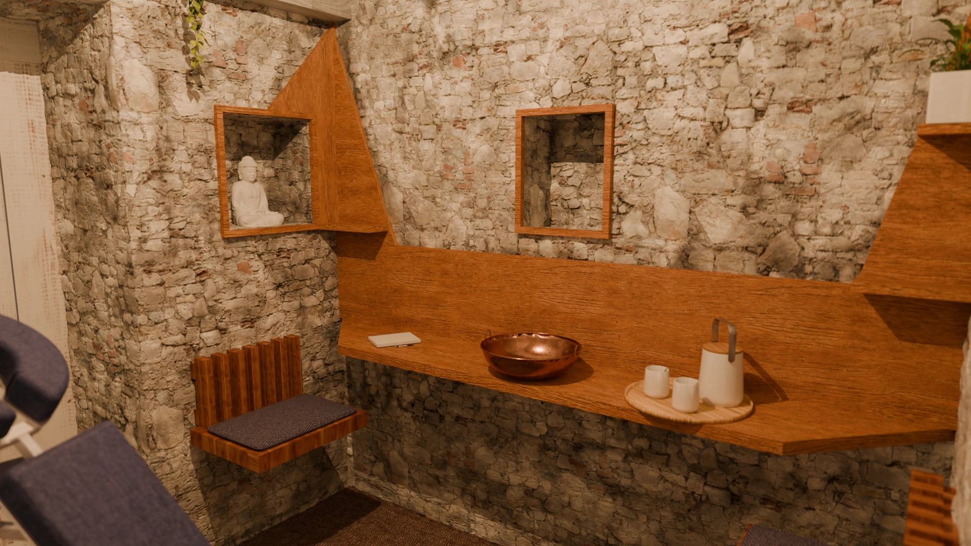 Rendu 3D d'un aménagement d'un petit espace pour des massages