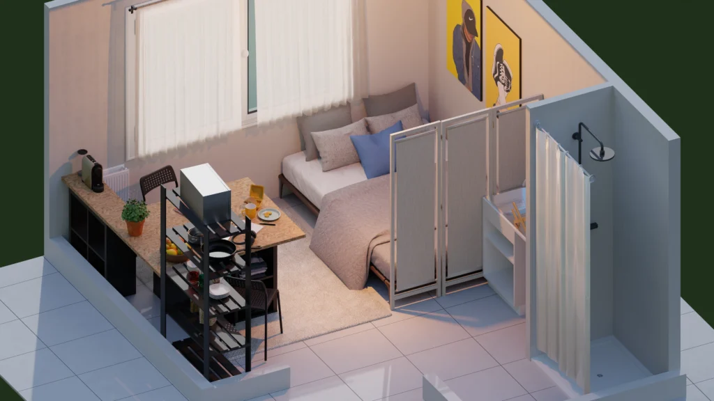 Visualisation 3D d'une axonométrie d'un studio étudiant