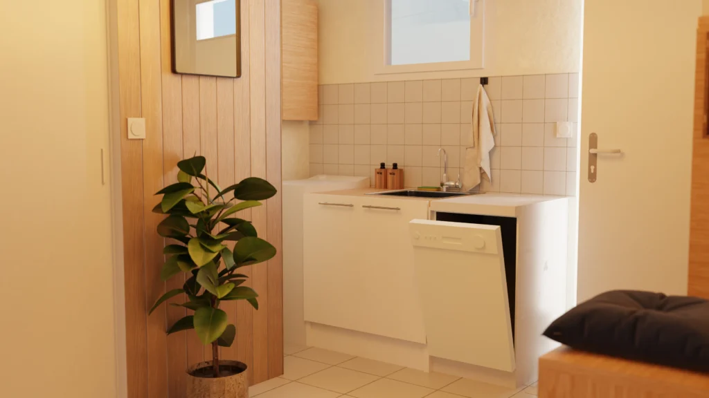 Rendu 3D d'un coin buanderie dans un espace ouvert et petit