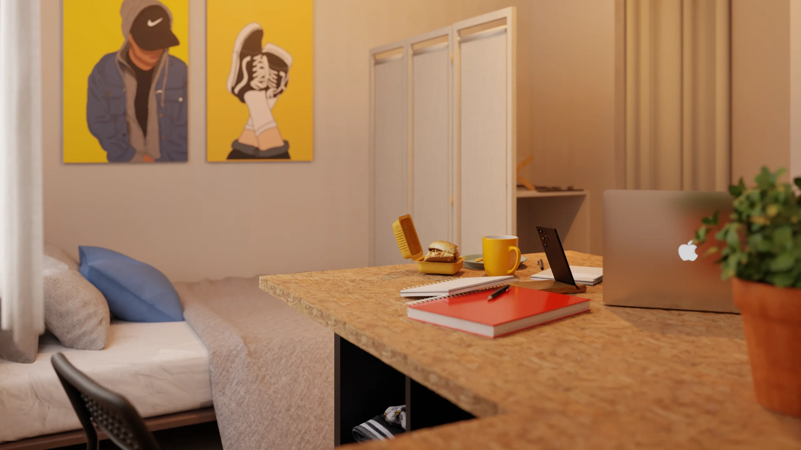 Rendu 3D d'un bureau dans un studio étudiant