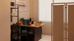 Rendu 3D d'un bureau aménagé avec meubles existants dans un studio étudiant
