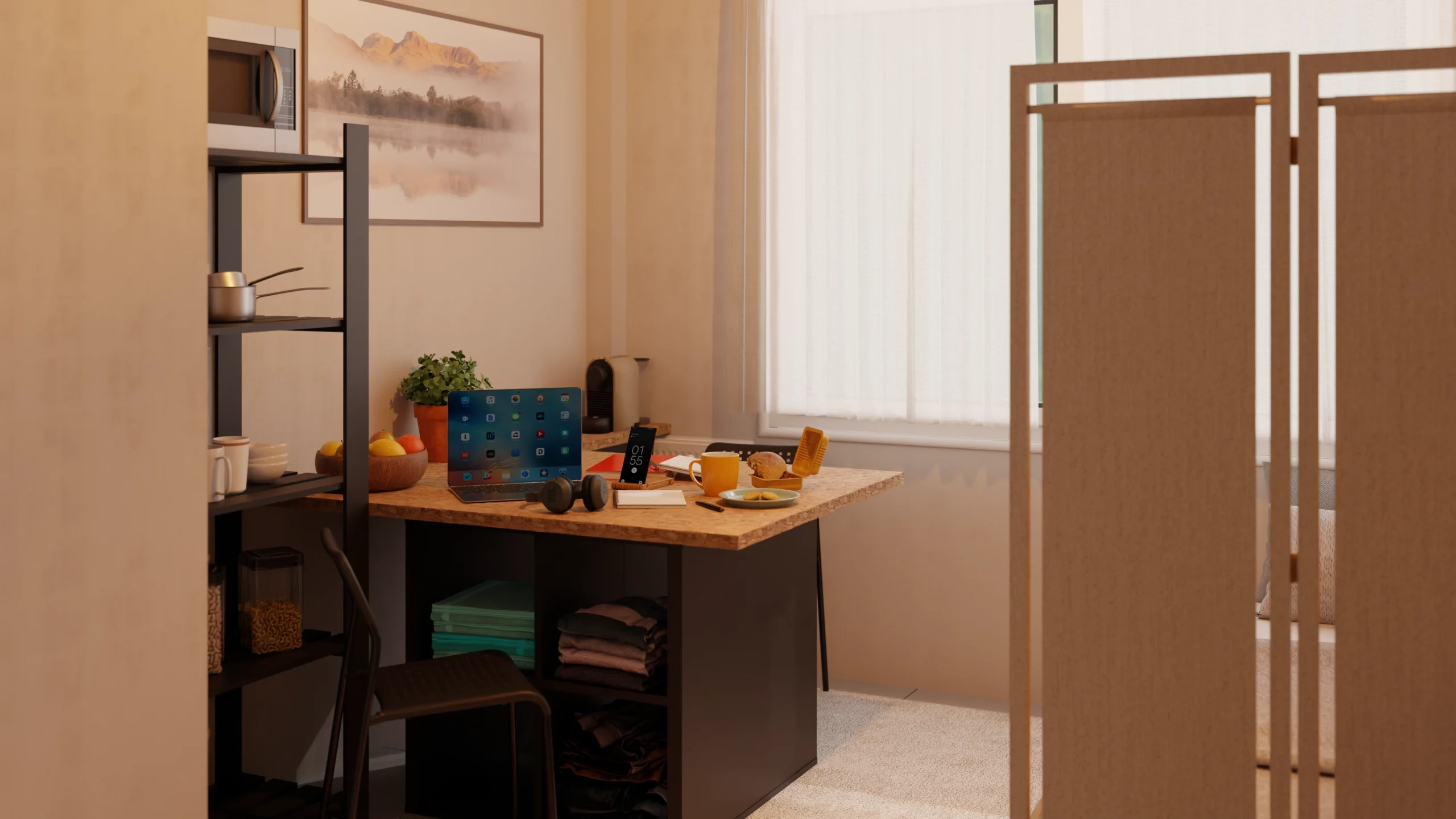 Rendu 3D d'un bureau aménagé avec meubles existants dans un studio étudiant