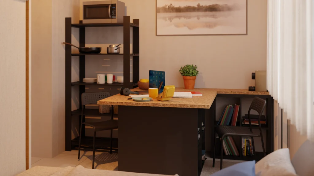 Rendu 3D d'un espace bureau dans un studio étudiant
