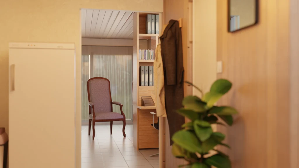 Cellier sur Salon Rendu 3D d'une partie cellier donnant sur un salon