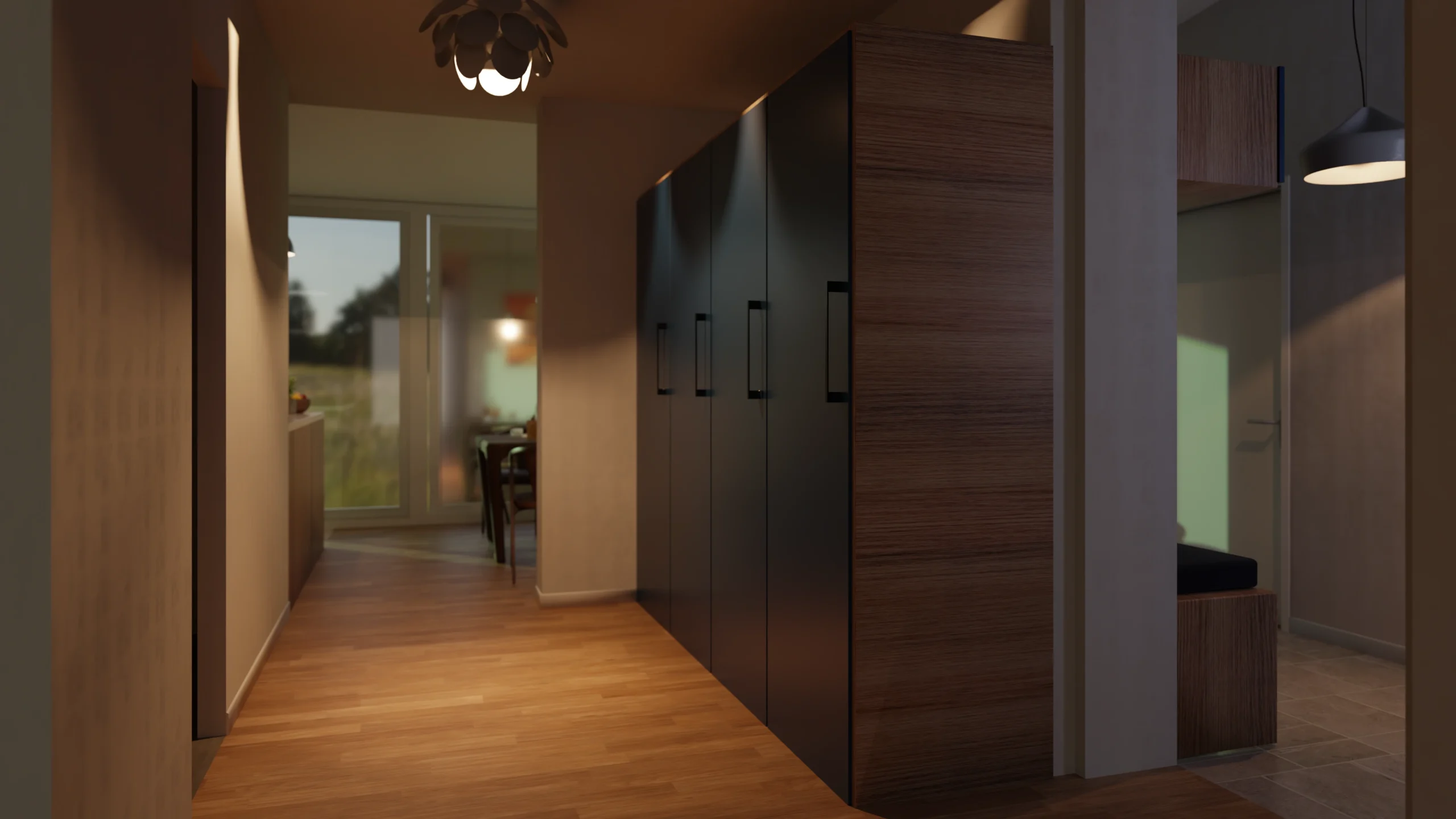 Rendu 3D d'un cellier sur mesure ouvert sur une cuisine et l'entrée