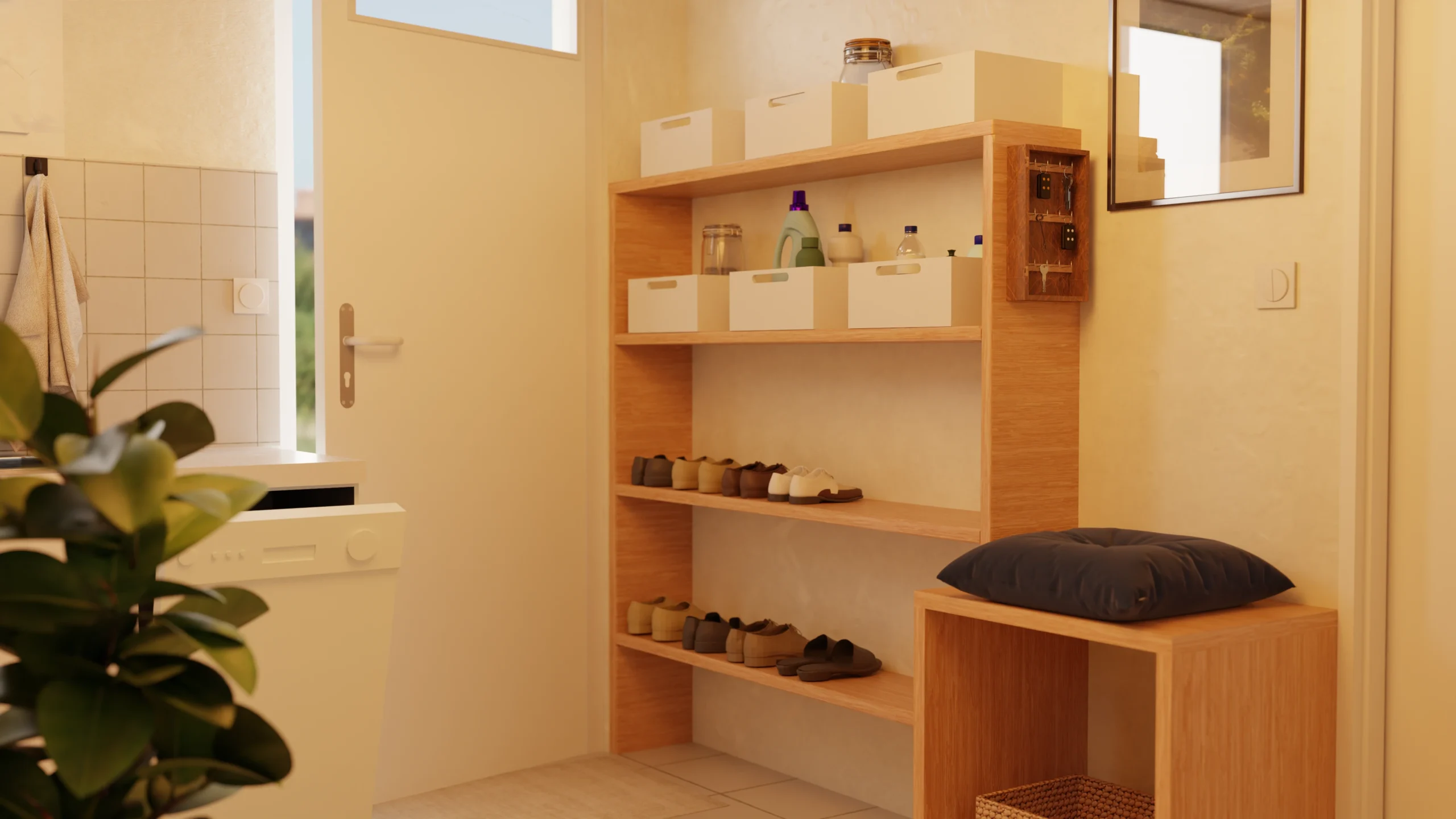 Rendu 3D d'un cellier optimisé pour des rangements sur mesure