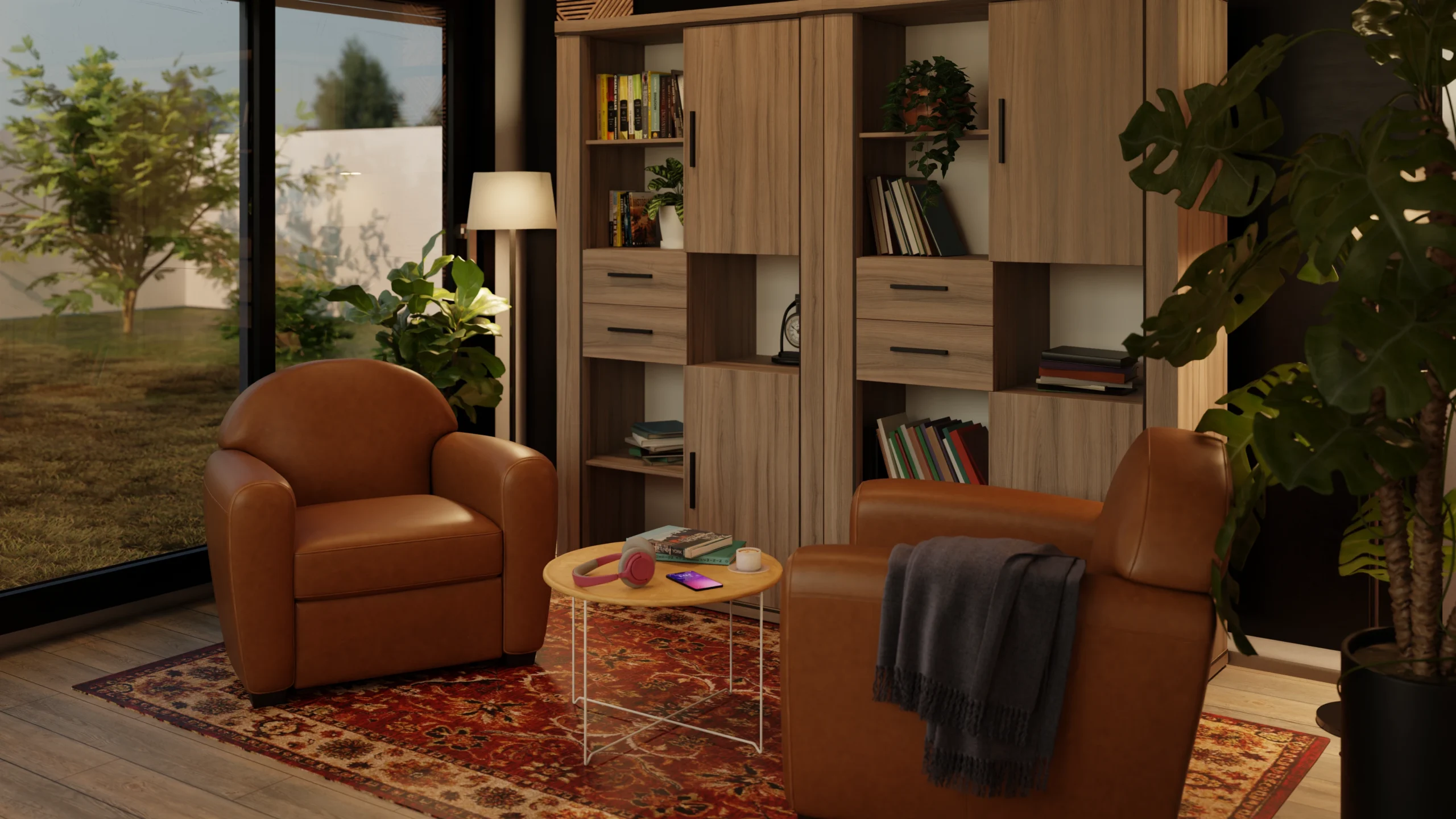 Rendu 3D d'un coin salon bibliothèque avec fauteuils clubs avec vue sur l'extérieur