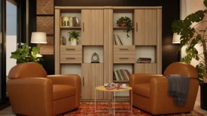 Rendu 3D d'un coin relaxation avec bibliothèque dans une véranda