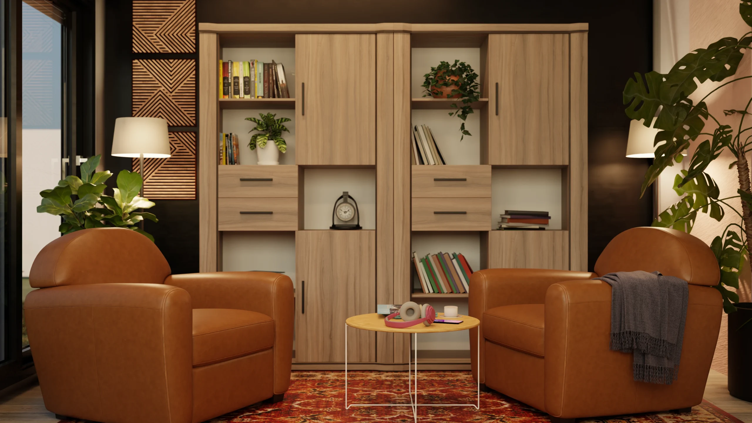 Rendu 3D d'un coin relaxation avec bibliothèque dans une véranda