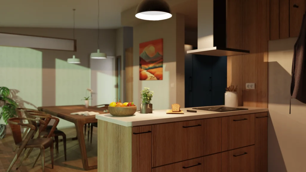 Rendu 3D d'une cuisine ouverte sur salle à manger