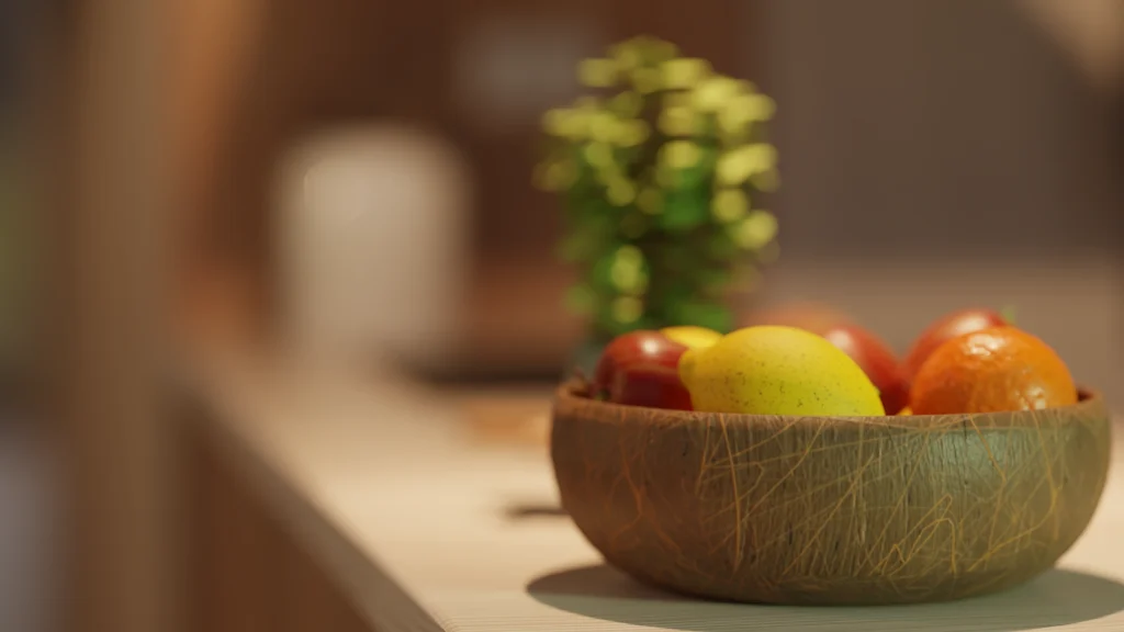 Rendu 3D d'une corbeille de fruit sur le plan d'une cuisine ouverte