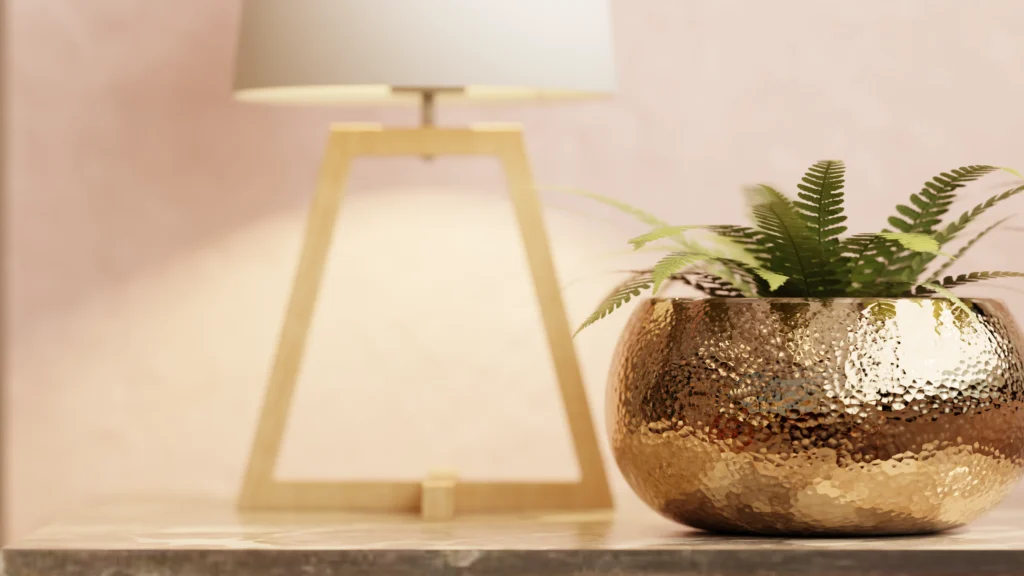 Rendu 3D d'un vase avec une lampe sur un buffet