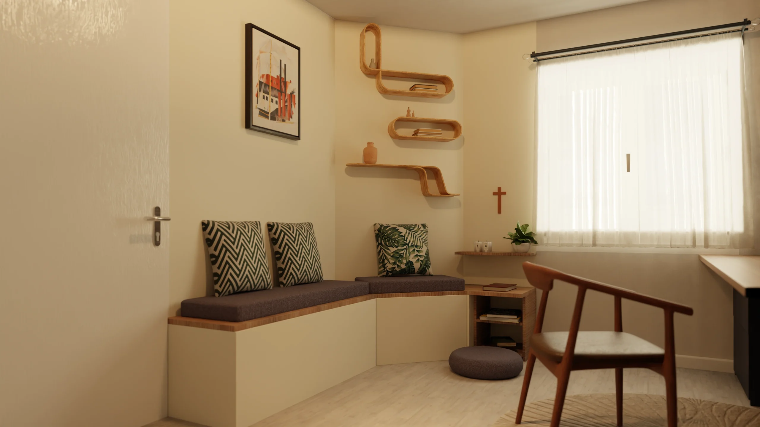 Visualisation 3D d'un espace détente dans une pièce bureau sur mesure