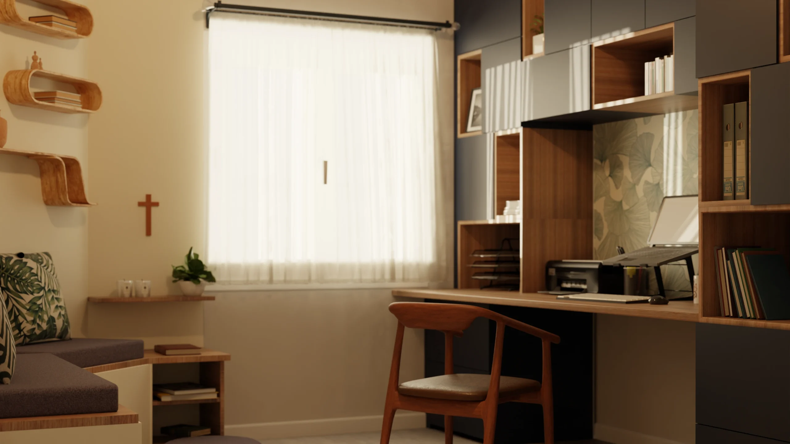 Rendu 3D d'un bureau sur mesure baigné par la lumière naturelle