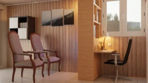 Rendu 3D d'un espace comprenant un bureau sur mesure attenant à une bibliothèque séparatrice