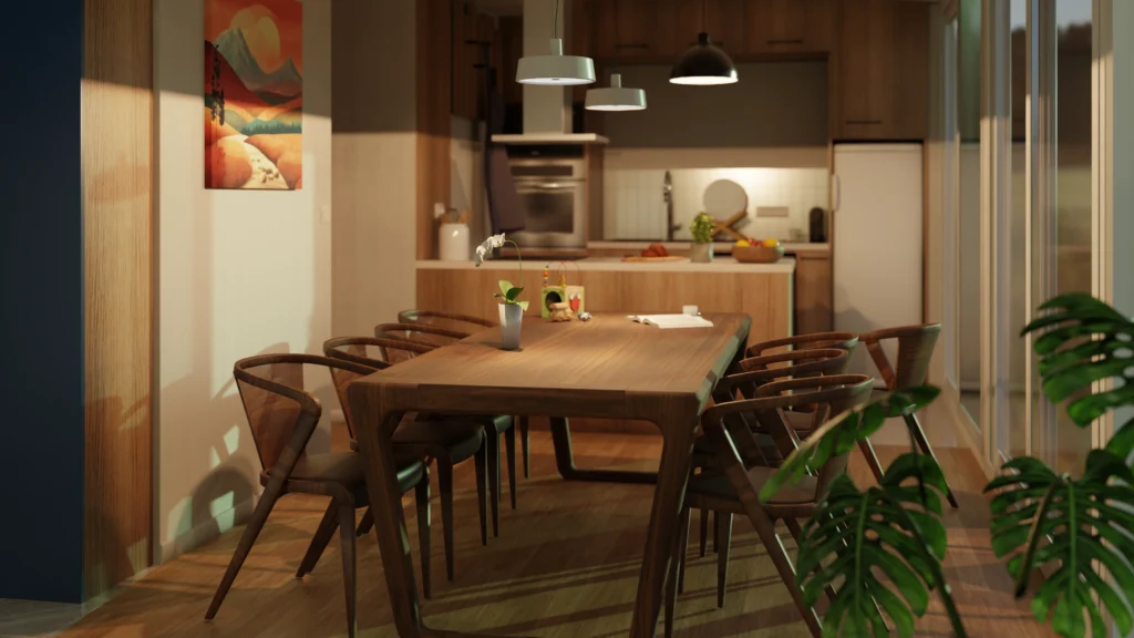 Rendu 3D d'une salle à manger ouverte sur l'extérieur et sur une cuisine