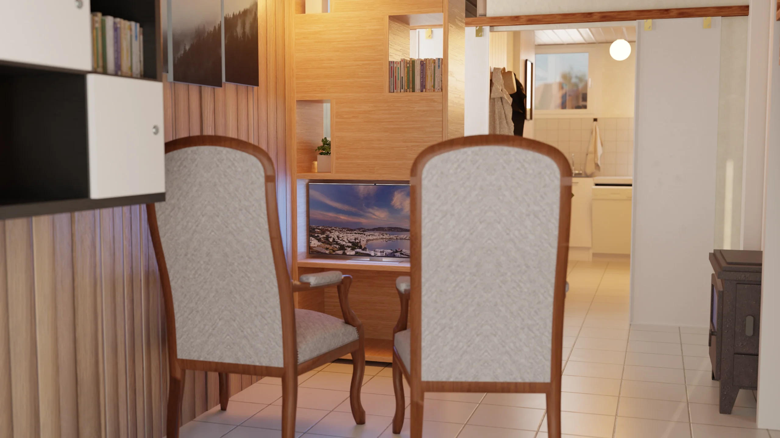 Rendu 3D d'un coin salon télé ouvert sur un espace de circulation