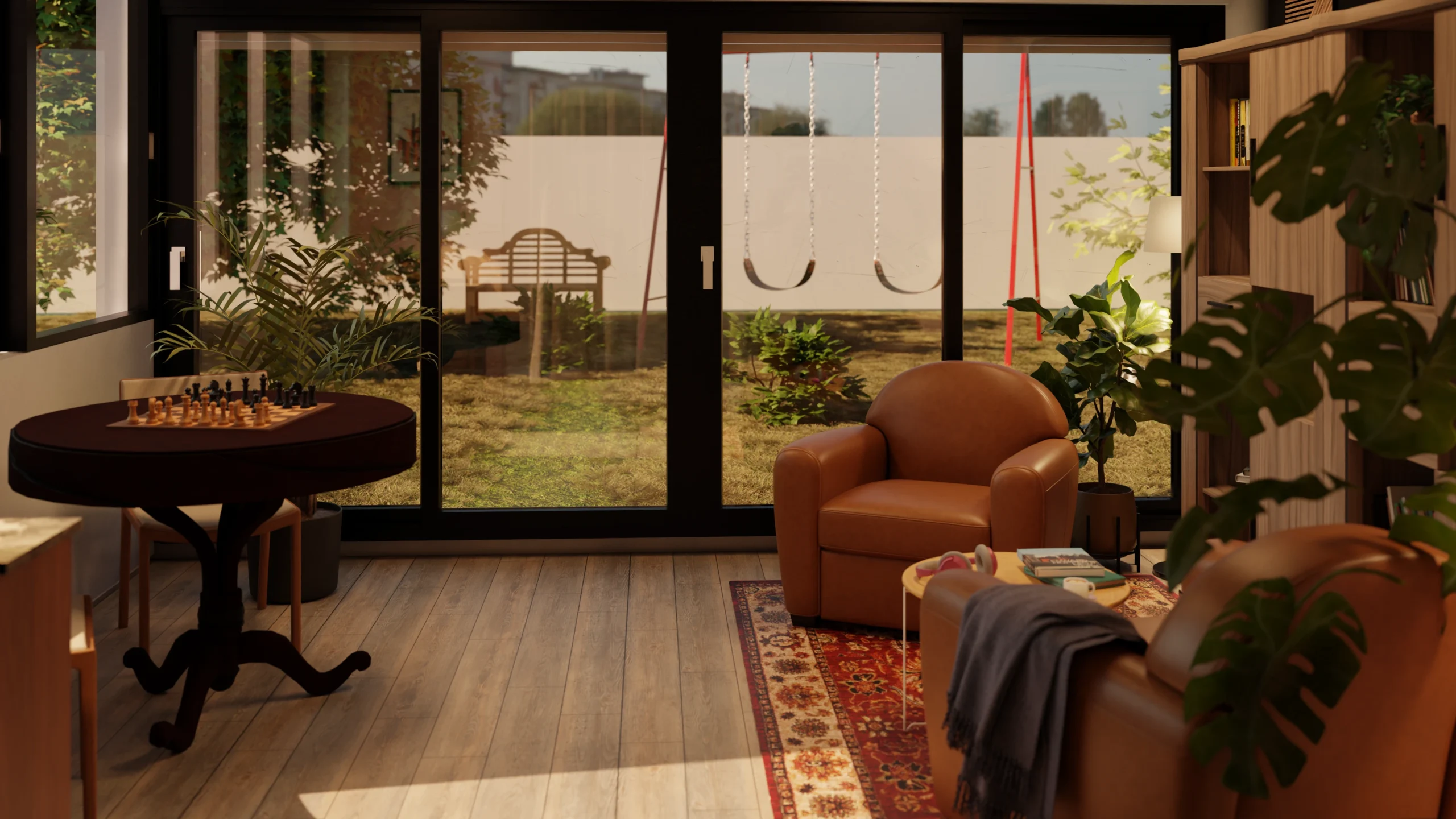 Rendu 3D d'une vue d'ensemble de l'intérieur d'une véranda