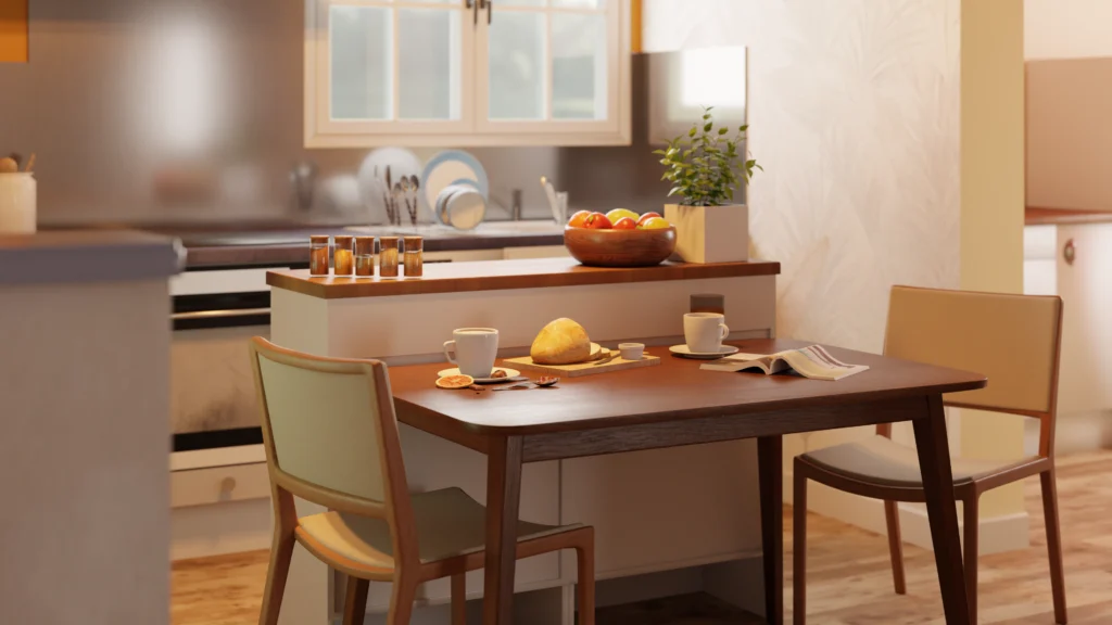 Rendu 3D de la table à manger attenante à un ilot central d'une cuisine aménagée