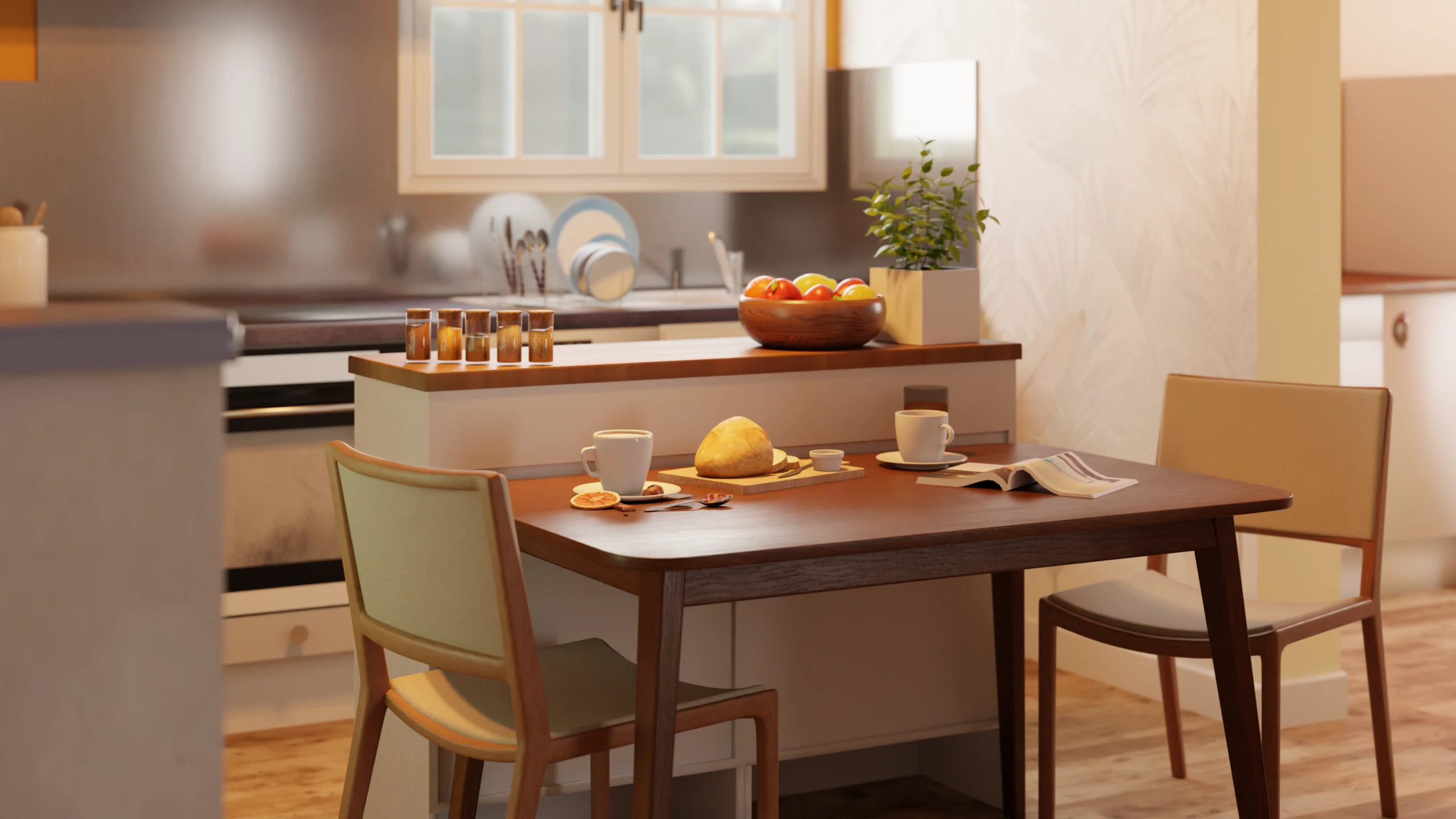 Rendu 3D de la table à manger attenante à un ilot central d'une cuisine aménagée