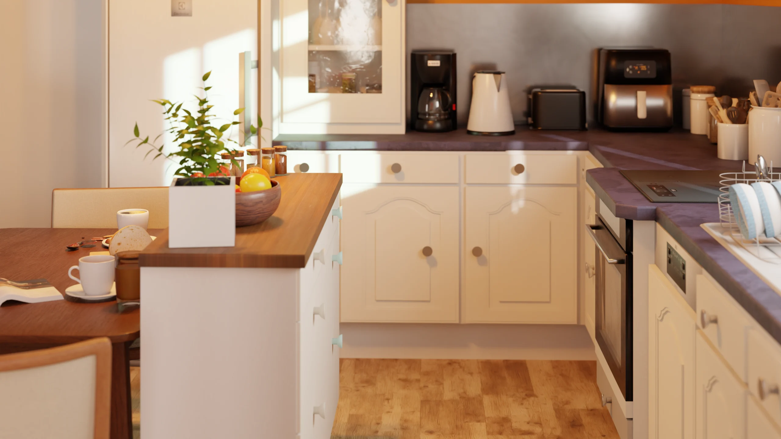 Rendu 3D d'un ilot central dans une cuisine aménagée