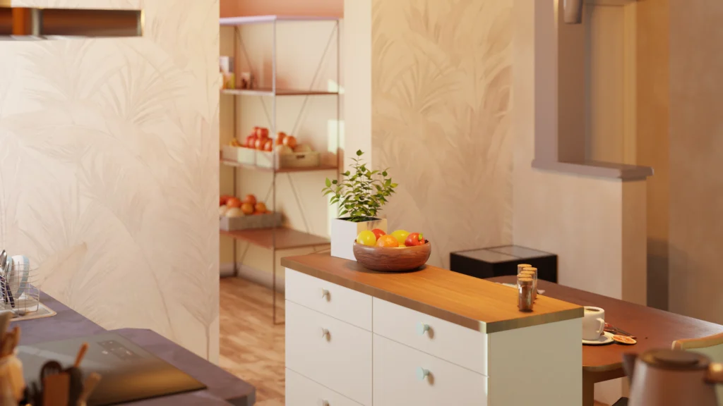 Rendu 3D d'une cuisine avec un ilot central fait de deux meubles.