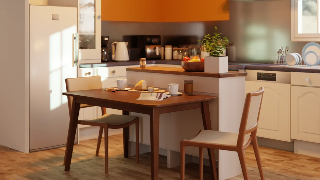 Visualisation 3D d'une table à manger adossée à l'ilot central d'une cuisine