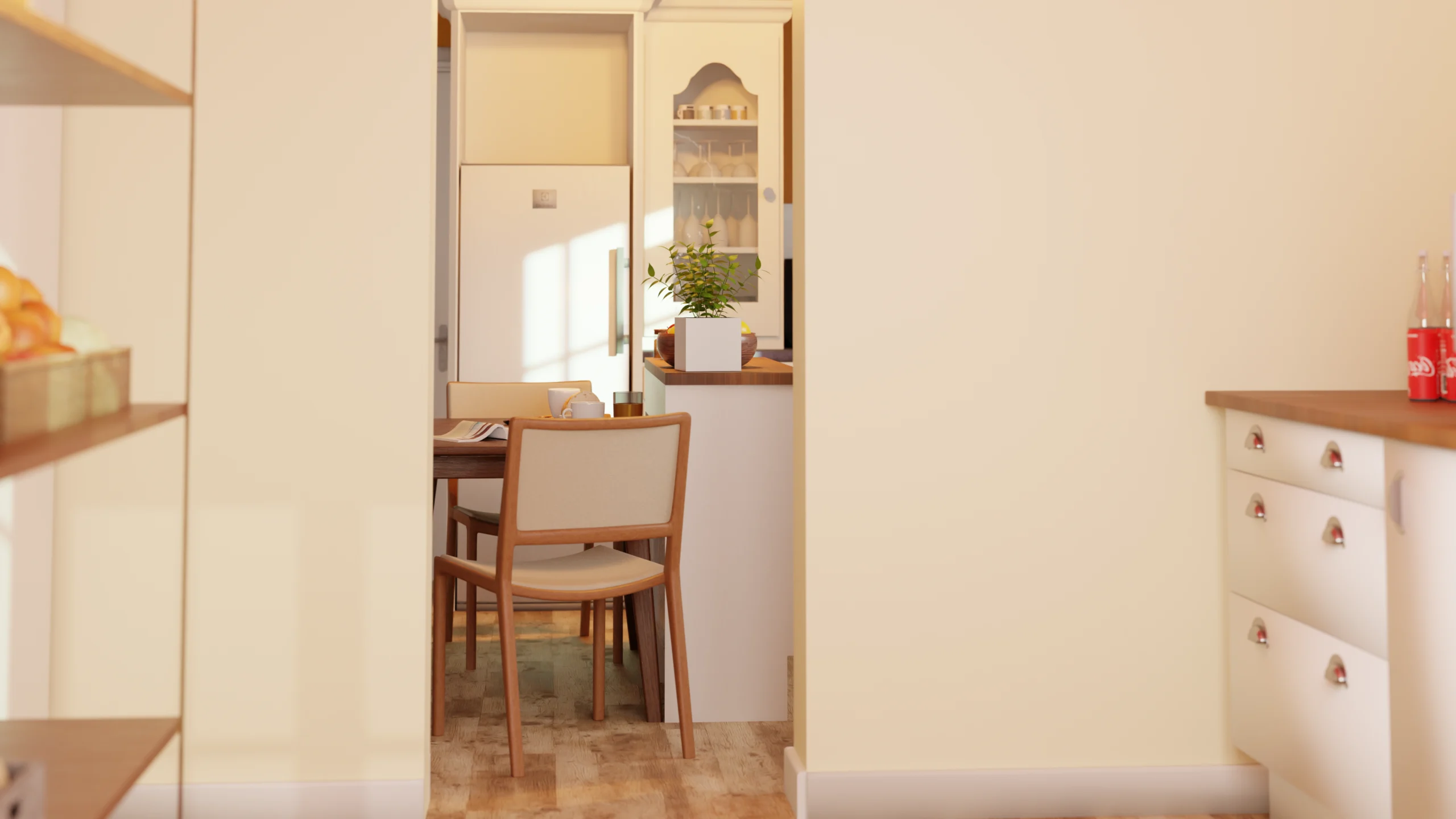 visualisation 3D d'une cuisine vue depuis un cellier