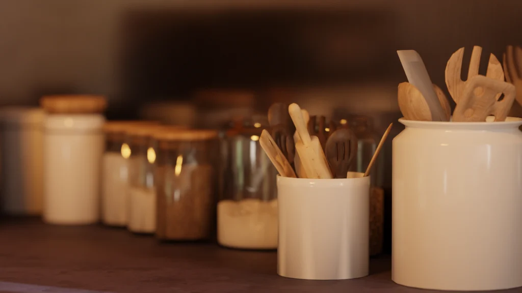 Rendu 3D d'un gros plan sur des ustensiles de cuisine