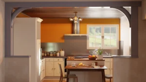 Rendu 3D d'une cuisine aménagée avec ilot central et table à manger